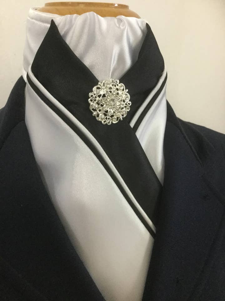 HHD ‘Grace’ Custom White & Black Dressage Stock Tie Rhinestone Pin for wholesale by Heavenly Horse Designs