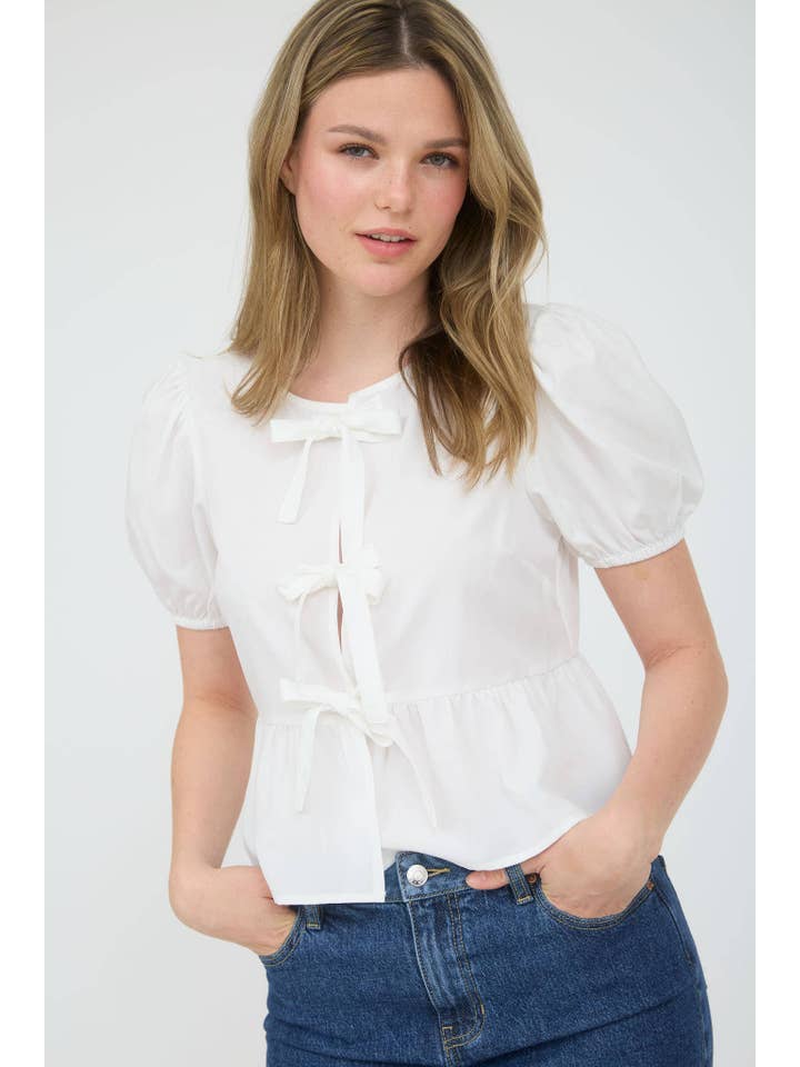 MINE - Wholesale Blouse - Women's - BOW FRONT TIE PUFF SLEEVE WOVEN TOP