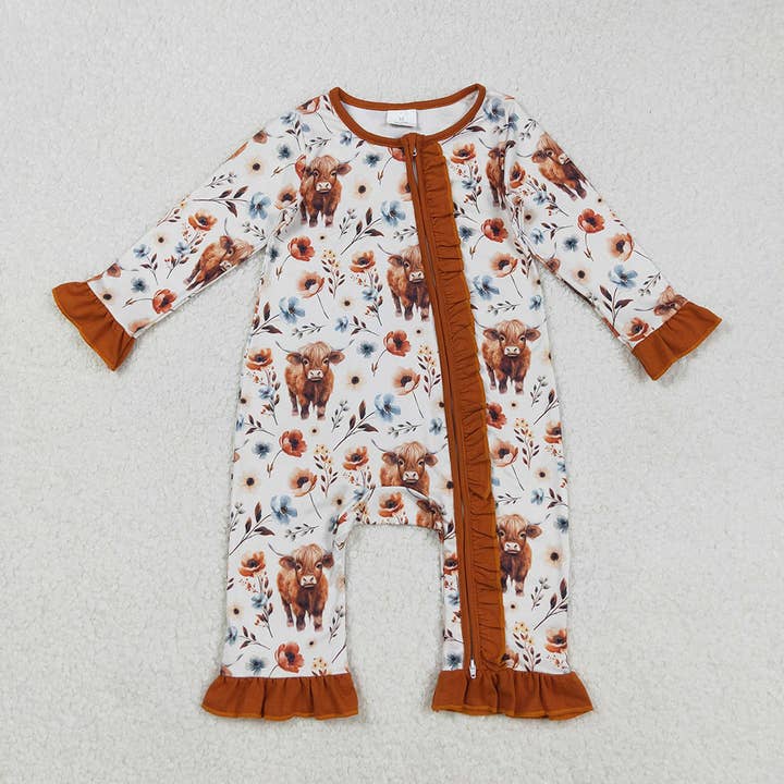 Baby Infant Girls Western Highland Cow Flowers Zip Rompers for wholesale by Aier Wholesale