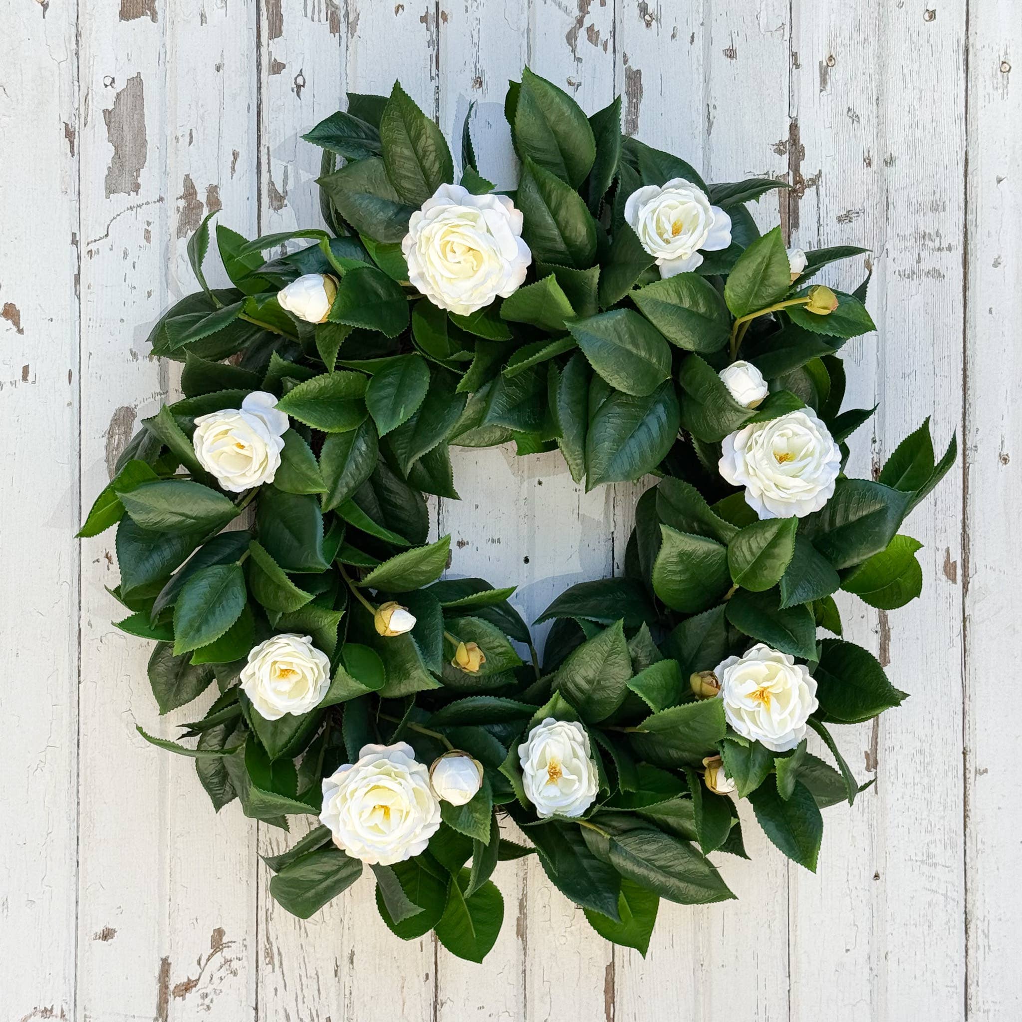 Mills Floral Company – wholesale Wreath – Camelia Flower Wreath - White - 26 Inch1