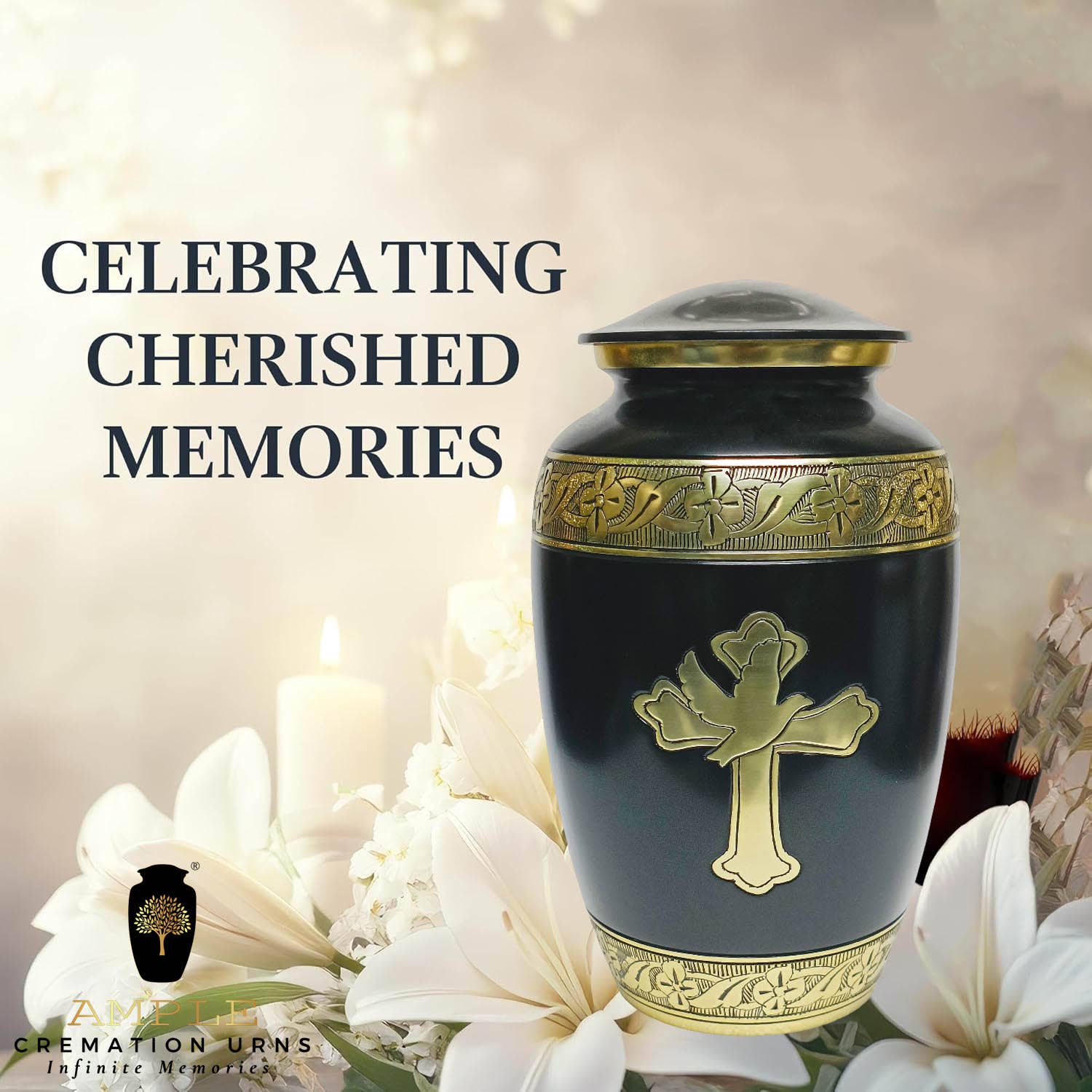 Ample Cremation Urns - Wholesale Urn - Black & Gold Cross Urn – Faith Dove Adult Ashes Memorial6