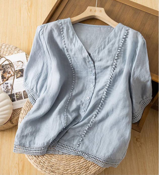 Whisper Mint - Venta al por mayor Blusa - Mujer - Blusa de crochet de manga media | Camisa vintage artística de verano