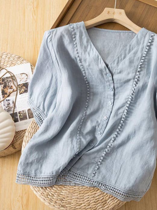 Whisper Mint - Wholesale Blouse - Women's - Mid-Sleeve Crochet Blouse|Vintage Artistic Summer Shirt