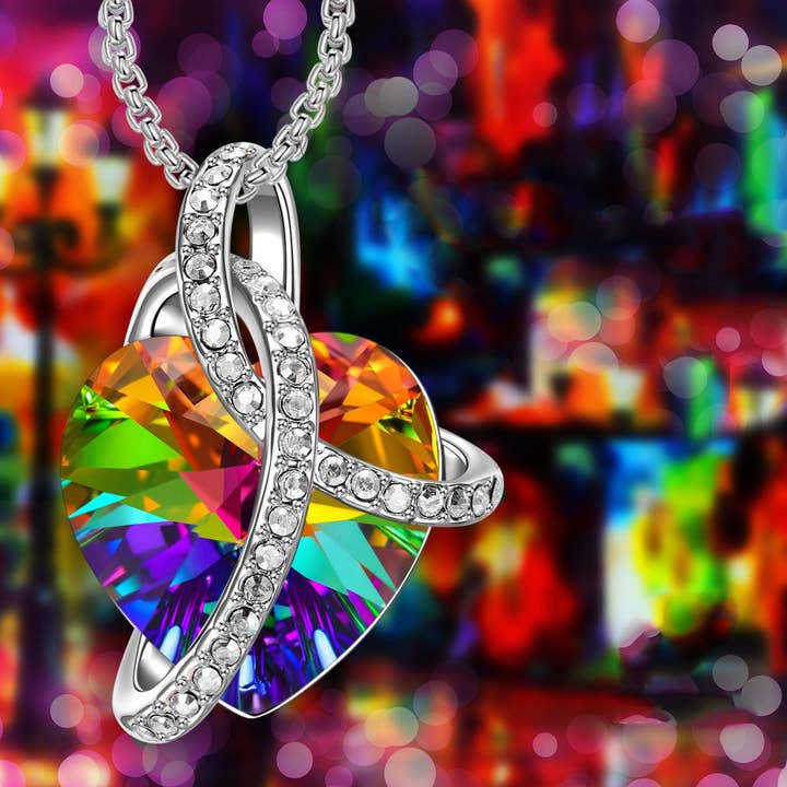 Rainbow Aurora Borealis Heart Necklace in 18K White Gold for wholesale by Golden NYC Jewelry