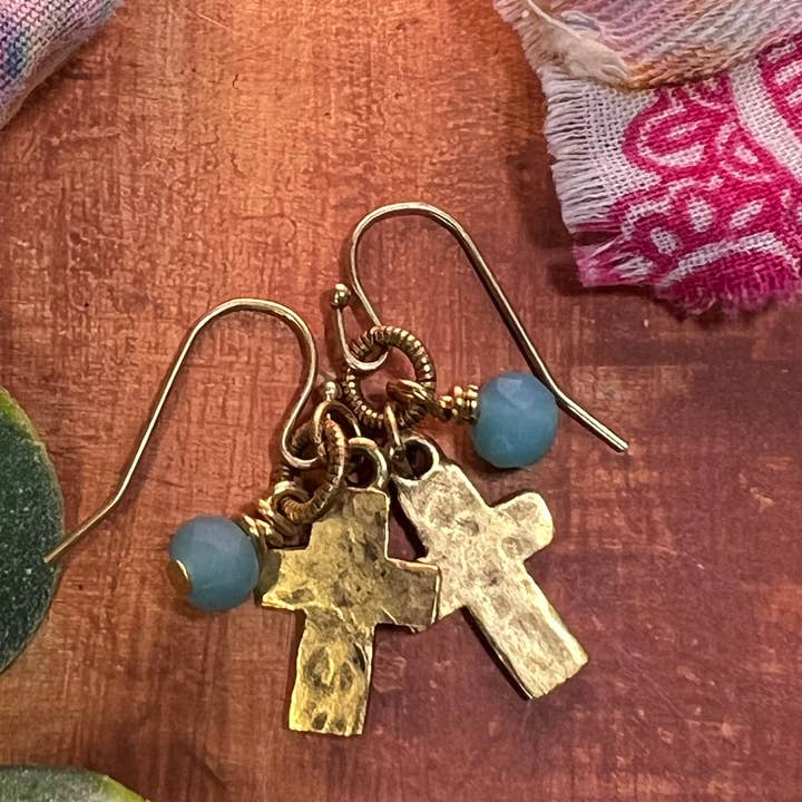 Soul Collective Studio - Wholesale Dangle earrings - Gold Cross & Blue Crystal Earrings