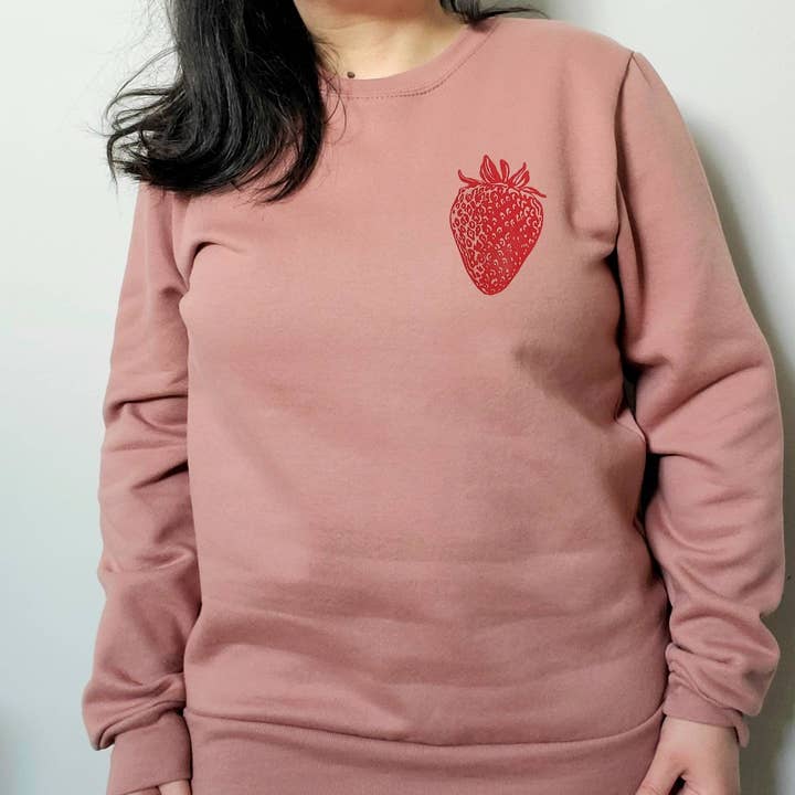 Strawberry sweatshirt, unisex hand printed red berry crewneck, block printed fruit illustration, soft fleece jumper, spring ethical clothing for wholesale by M.E. Image