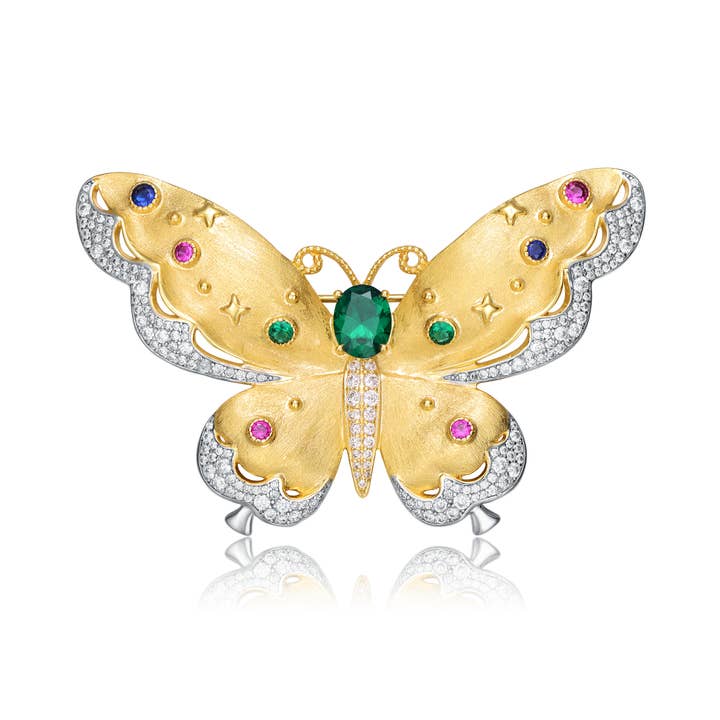 Rhodium and 14K Gold Plated Emerald Genuine Stone Floral Pin for wholesale by Genevive