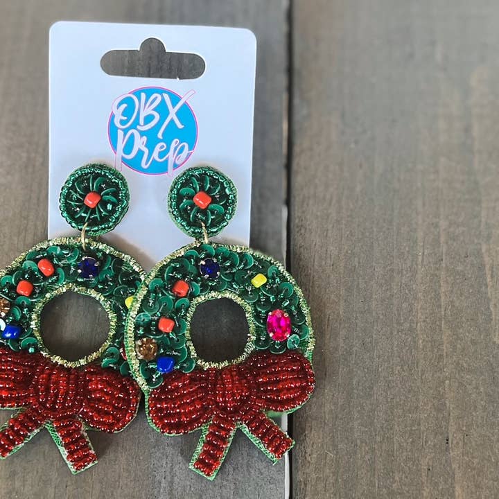 OBX Prep - Wholesale Dangle Earrings - Christmas Wreath Seed Beaded Earrings
