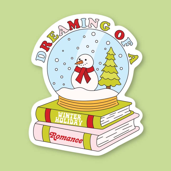 Dreaming of Winter Holiday Romance, Book Snow Globe Sticker for wholesale by Sage and Virgo