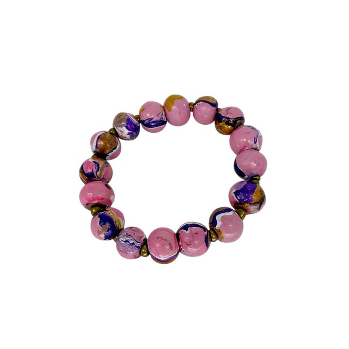 Hand Painted Wood Bubble Stretch Bracelet Pink for wholesale by Maka Imports