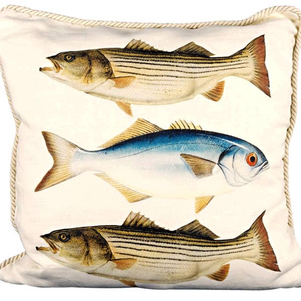 Cuscino in lino a righe con animali/uccelli/pesci/spigole e pesci azzurri per la vendita all'ingrosso da parte di Ox Bow Decor
