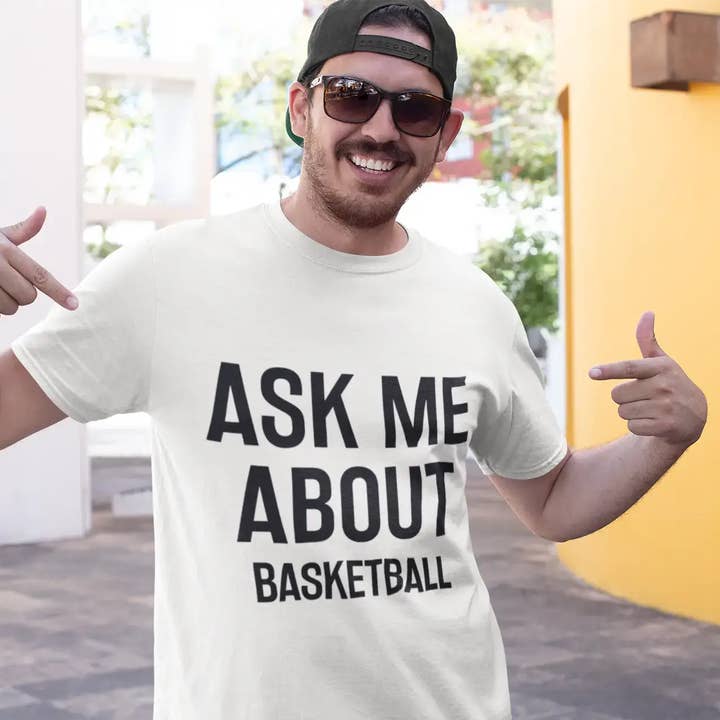 White Ask me about basketball, White, Men's Short Sleeve Round Neck T-shirt 00277 for wholesale on Faire1