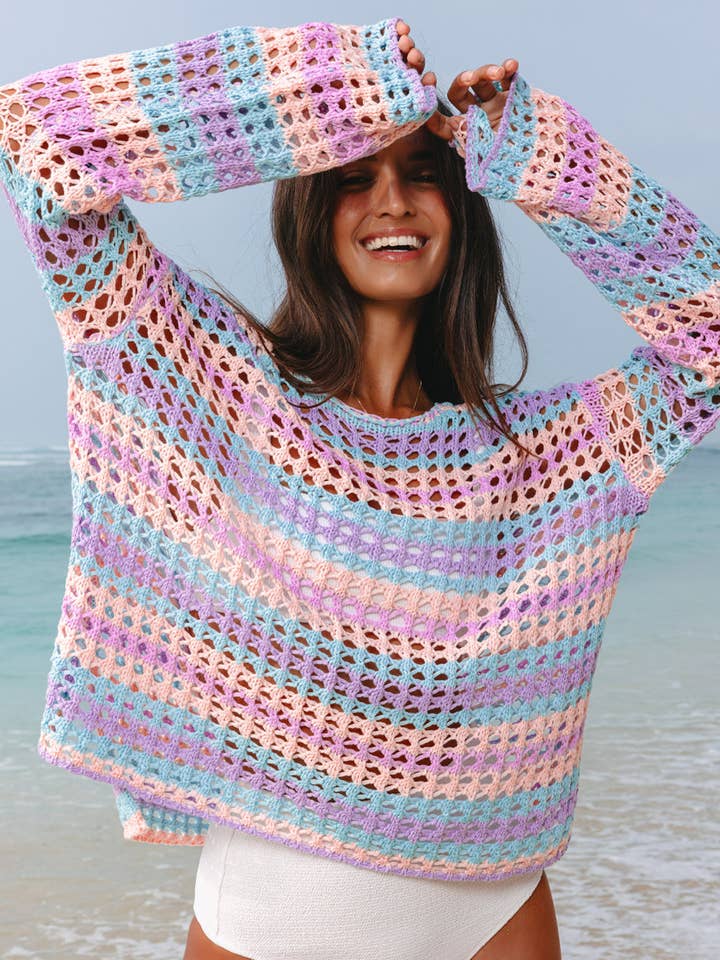 Stripe Open-Knit Beach Cover-Up Sweater for wholesale by PRETTY BASH