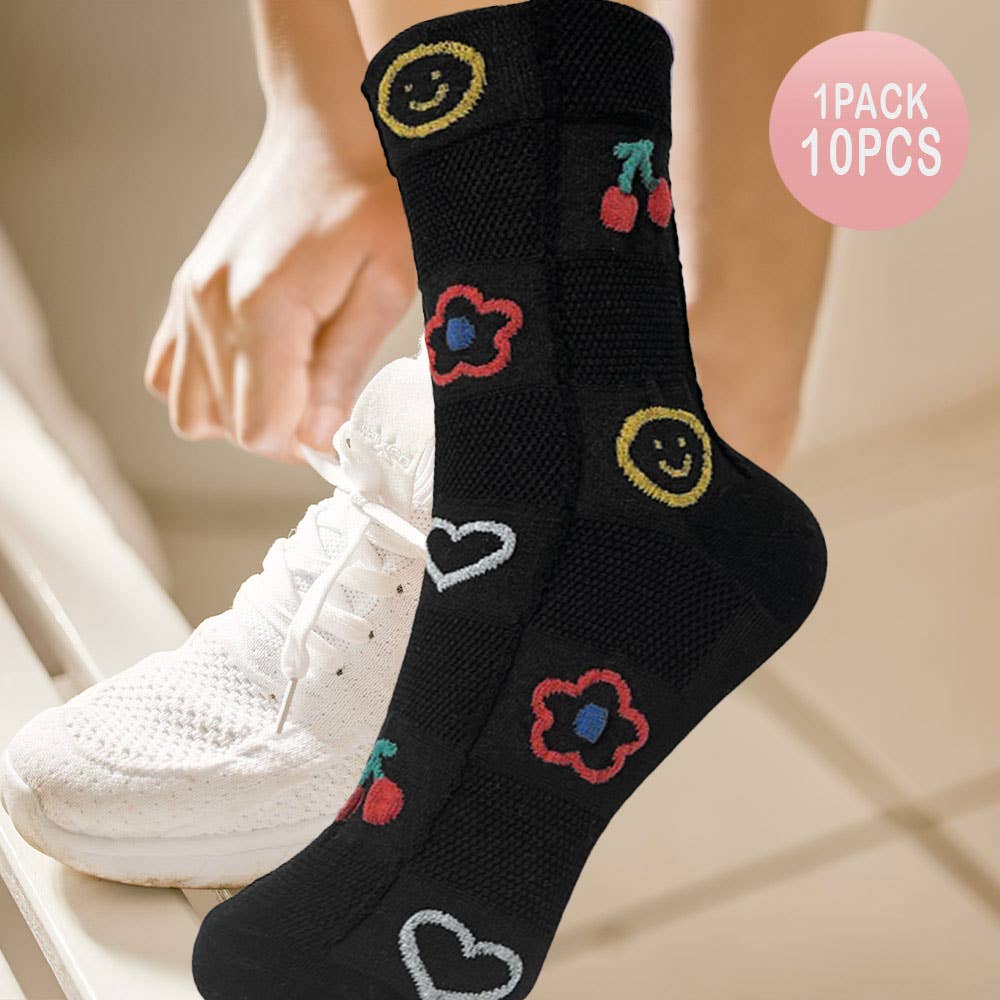 Sensibling Corp. - Wholesale Socks - Women's - 10Pairs - Cherry Flower Heart Smile Face Patterned Socks2