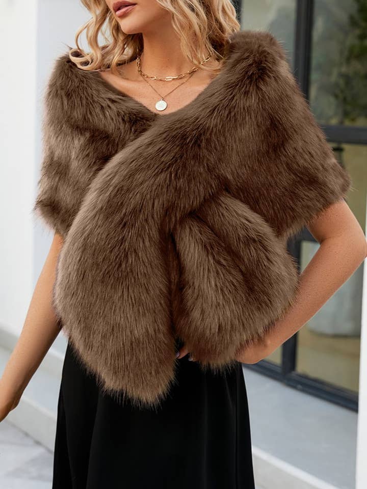 Rosa Clothing - Wholesale Cape - Women's - Warm Faux Fur Dress With A Cross Shawl7