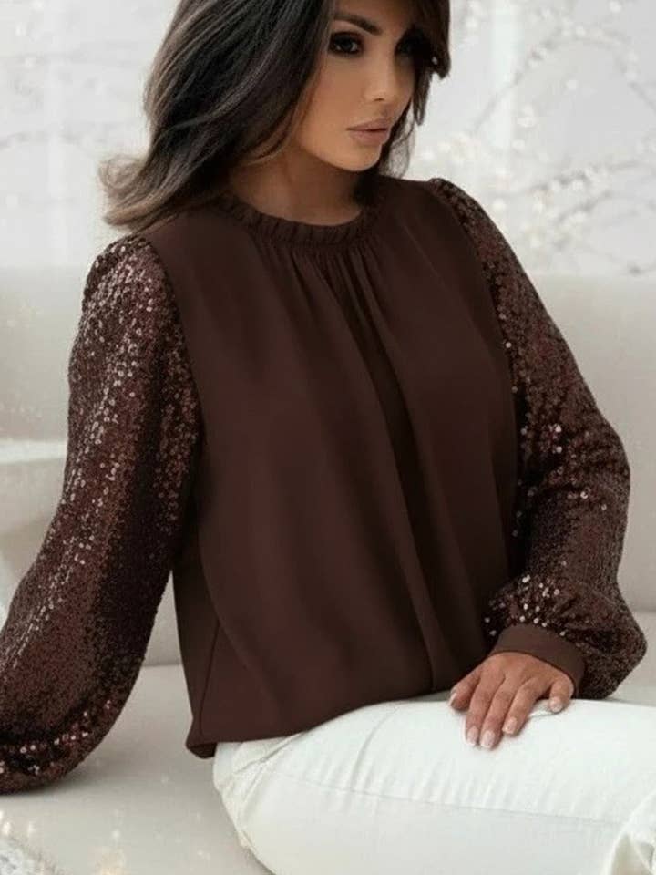 Iva Sequin Sleeves Frill Neckline Chiffon Shirt Blouse Top-Chocolate for wholesale by Catwalk Wholesale
