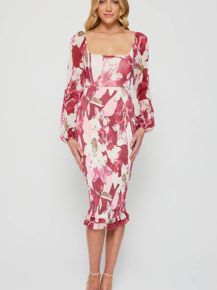 Blommig halsringad klänning med bubbelärmar för wholesale av Style State Wholesale