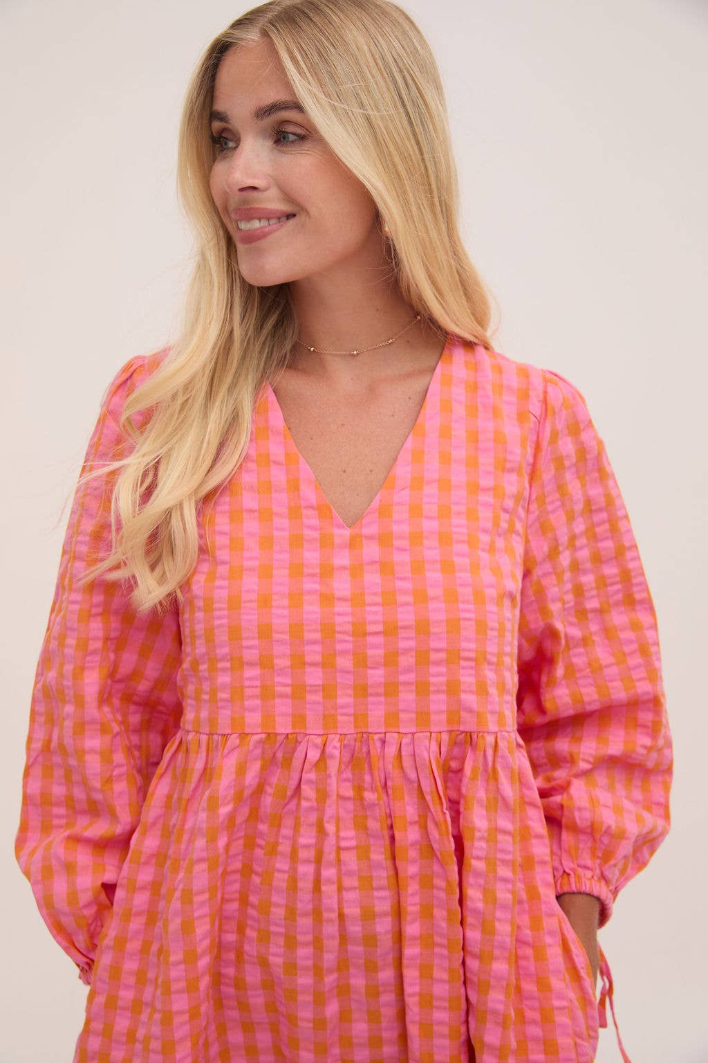 Lina Orange & Pink Gingham Dress for wholesale on Faire7