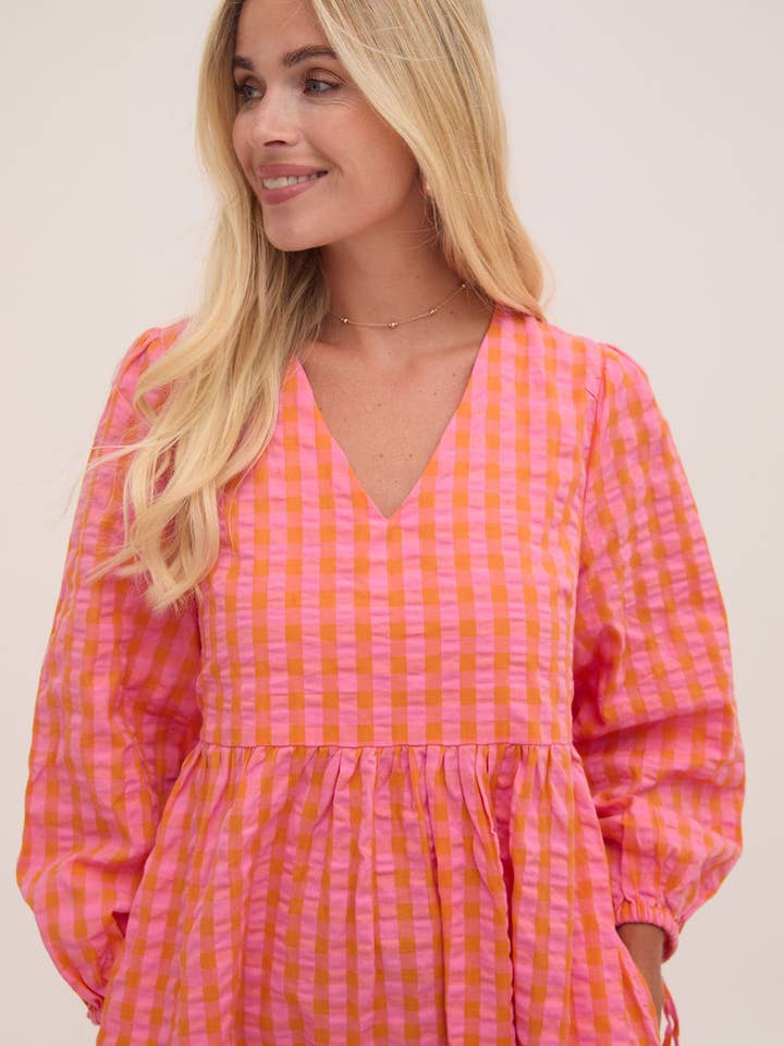 Lina Orange & Pink Gingham Dress for wholesale on Faire7