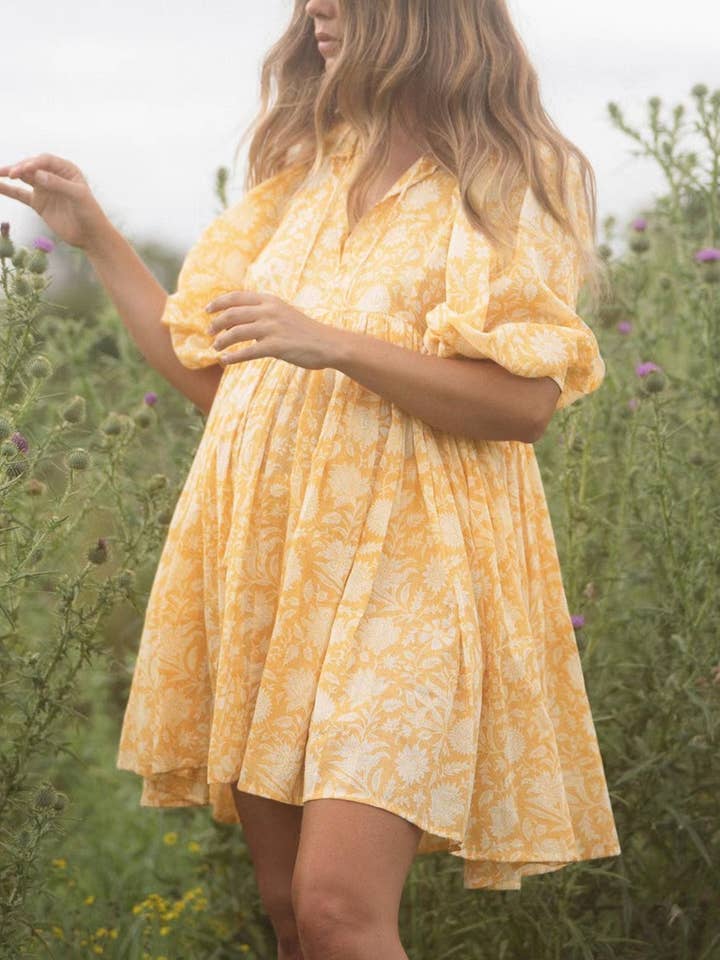 Rosa Clothing - Wholesale Dress - Women's - Floral Print V-Neck Puff-Sleeve Bohemian Dress
