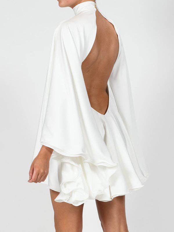 UZ Wholesale Store - Wholesale Dress - Women's - Solid Color High-Neck Backless Flared Sleeves Mini Dress4