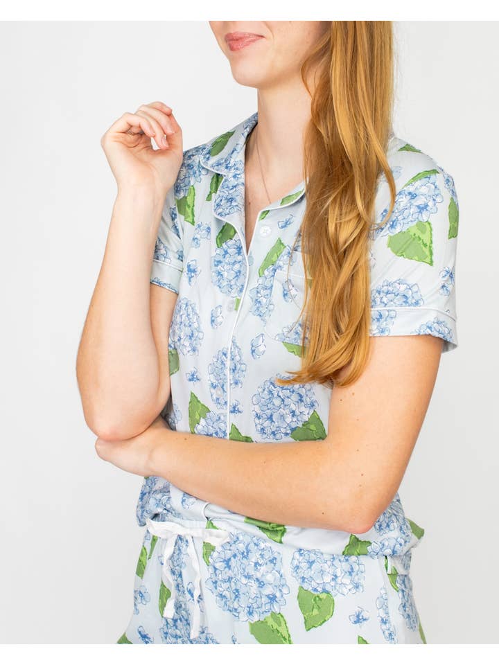 The Royal Standard - Wholesale Sleepwear Top - Women's - Hydrangea Short Sleeve Button Up Sleep Shirt Illusion/Blue/Green -Asst.