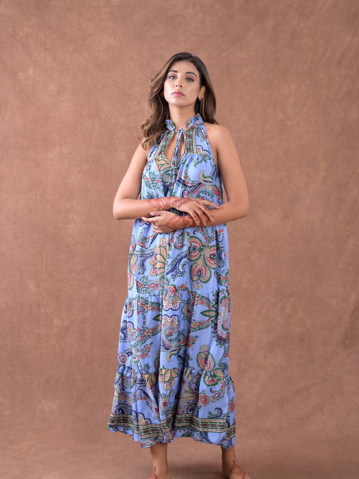 Rhea Patterned Panel Dress, Poly Silk Sleeveless Maxi Dress for wholesale by Rhea