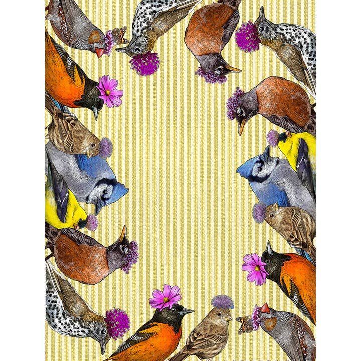 Alphie and Ollie - Wholesale Tea Towel - birds with flowers (ticking stripe) 100% cotton flour sack kitchen towel 18 x 24 inches