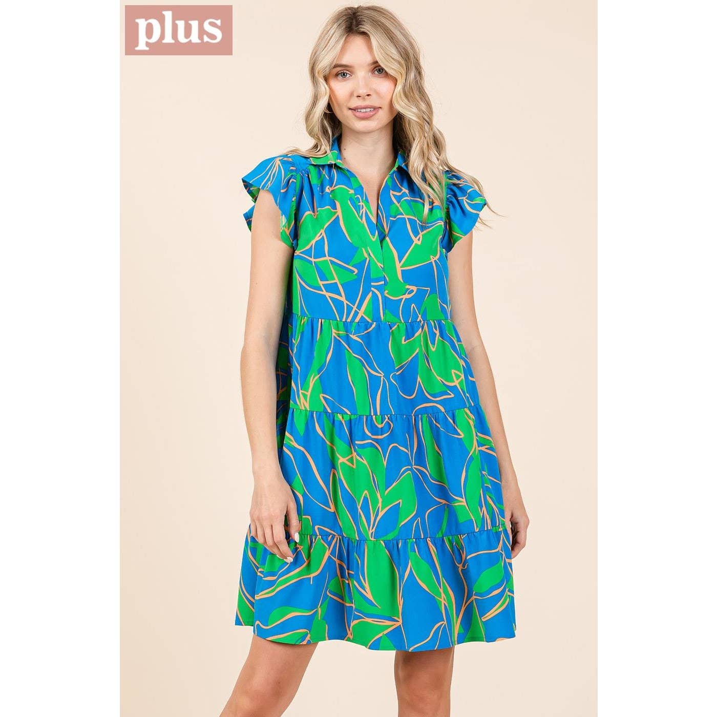 mittoshop - Wholesale Dress - Women's - PLUS LEAF PRINT RUFFLE SLEEVE TIERED MINI DRESS13