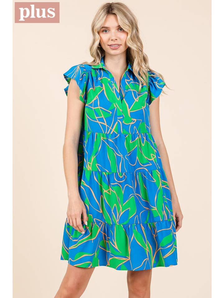 mittoshop - Wholesale Dress - Women's - PLUS LEAF PRINT RUFFLE SLEEVE TIERED MINI DRESS13