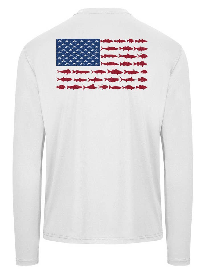 White Unisex American Fish Flag Performance Patriotic Shirt (White) for wholesale on Faire