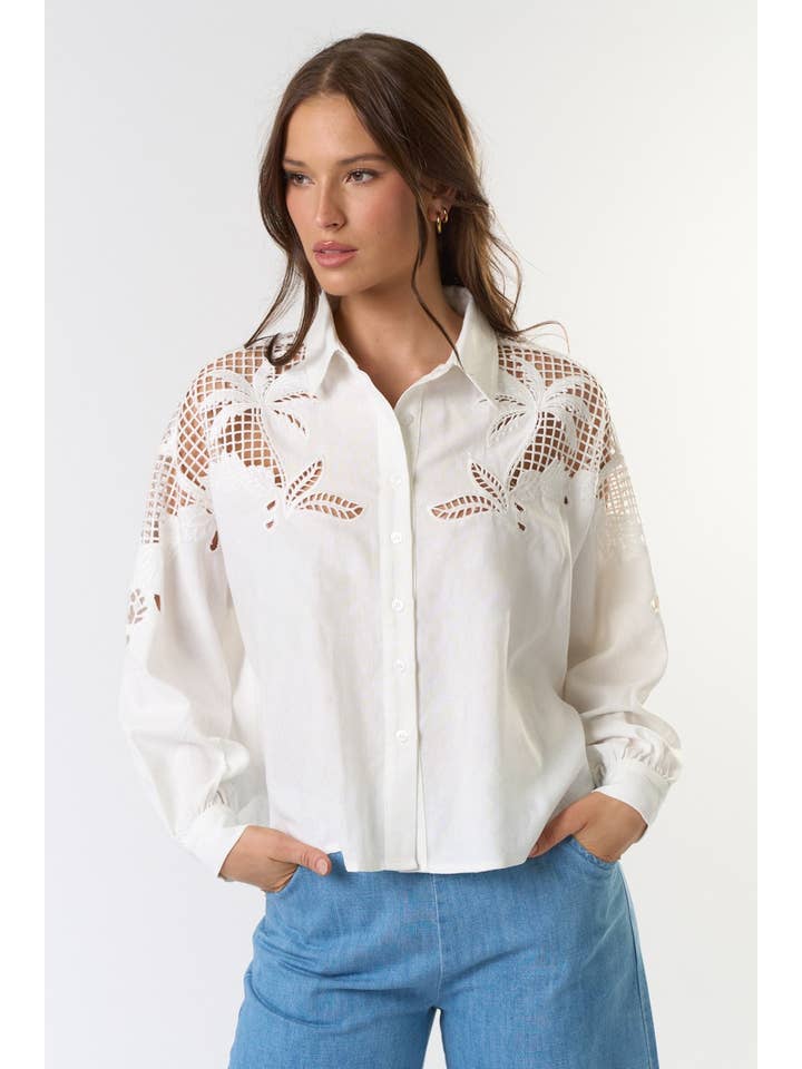 White ILT5298 Embroidered Cut Out Button Down Shirt for wholesale on Faire