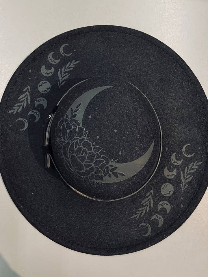 Vegan Felt Wide Brim Hat - Flat Top XL Brim - Floral moon - Black on Black for wholesale by Witchwood Bags
