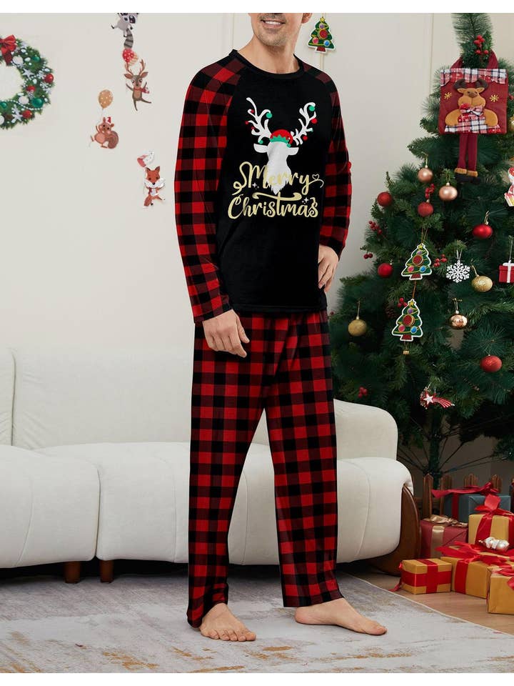 Anna Kaci Wholesale - Wholesale Sleepwear Set - Unisex - Family Christmas Pajama Set with Black Tops Red Plaid Pants15