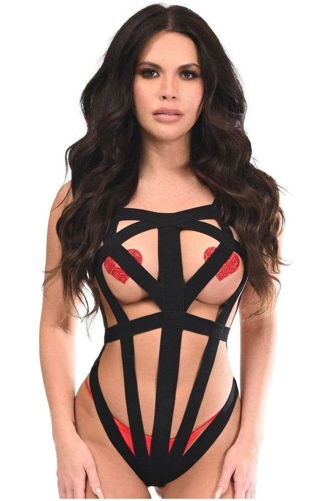 Daisy Corsets – Großhandel Dessous-Body – Damen – BOXED Schwarzer, elastischer Body Harness mit silberner Hardware0