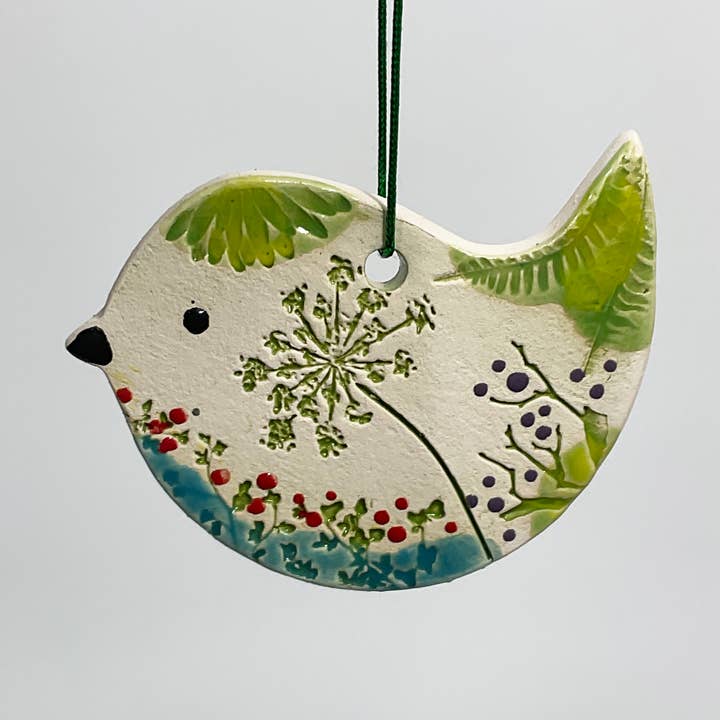 Pottery Ornament - Bird (Pressed Flowers) for wholesale by Walton Clay Studio