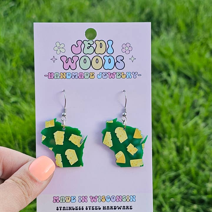 Green and Cheese Wisconsin Pride Earrings for wholesale by Jedi Woods LLC