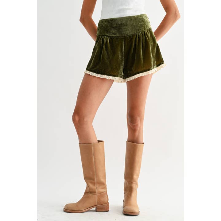 MOSS GREEN VELVET HIGH-WAIST LACE TRIM SHORTS for wholesale on Faire2