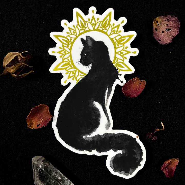 "Diana" Black Cat Metallic Vinyl Sticker for wholesale by The Art of Annabelle Lewis