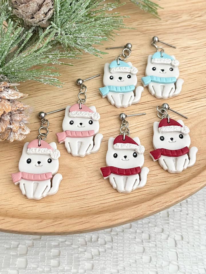Winter Kitty Cat Dangly Earrings for wholesale by Crochet and Clay Cat