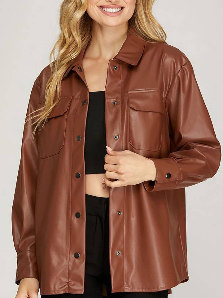 ROUSSEAU - Wholesale Shirt Jacket/Shacket - Women's - FAUX LEATHER BUTTON DOWN SHIRT JACKET0