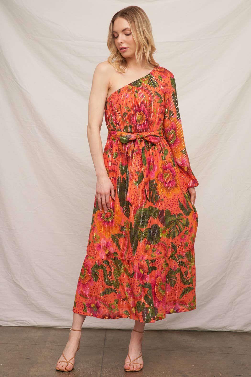 Orange Multi Robe à une épaule à imprimé tropical avec lurex en vente sur Faire3