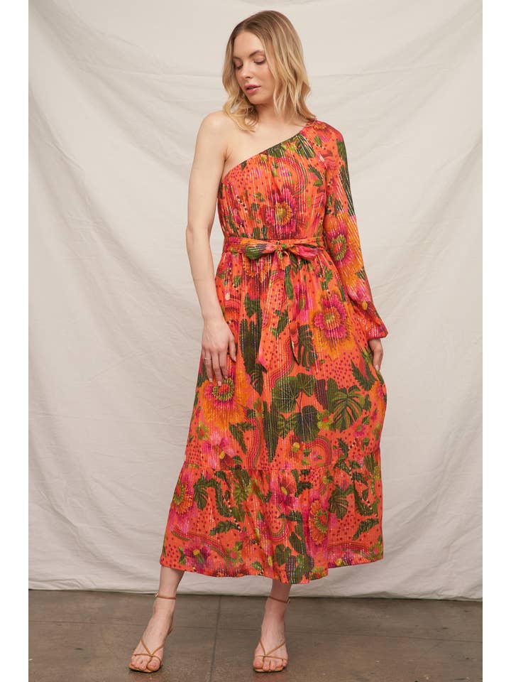 Orange Multi Robe à une épaule à imprimé tropical avec lurex en vente sur Faire3