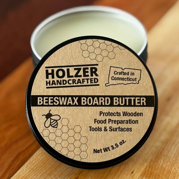 Beeswax Board Butters for Wood Food Contact Surfaces | 3.5 oz Reusable Tin | Handmade Oil, Wax and Conditioner for Cutting Boards, Butcher Blocks, Wooden Utensils | Holzer Handcrafted for wholesale by Holzer Handcrafted ®