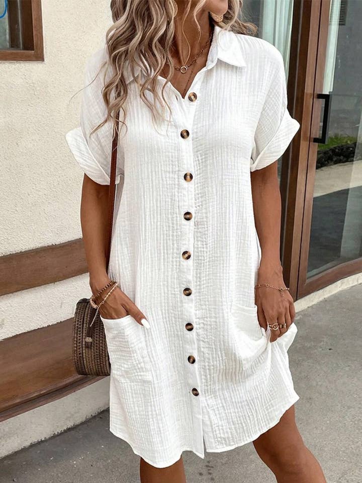 Lily Clothing - Wholesale Dress - Women's - Simple loose V-neck single breasted solid color shirt dress