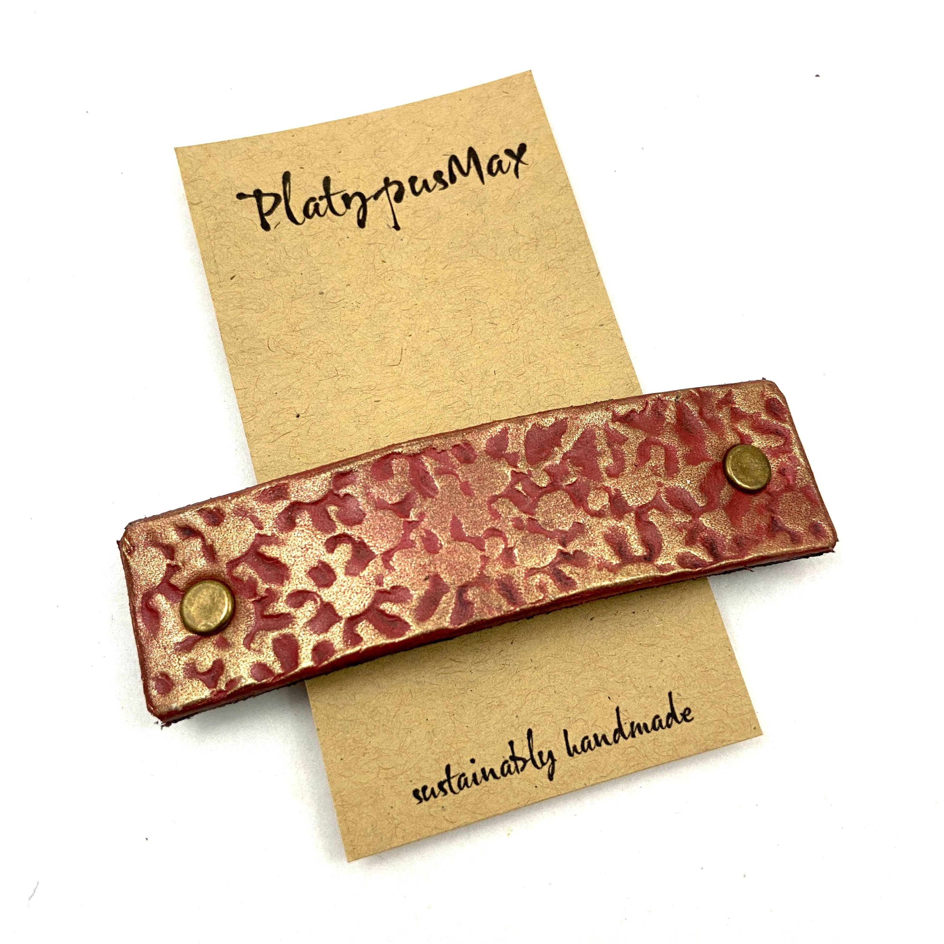 PlatypusMax – Travessão para cabelo - Mulher por atacado – Barrette de cabelo de couro Starburst Candy Apple Red & Gold0