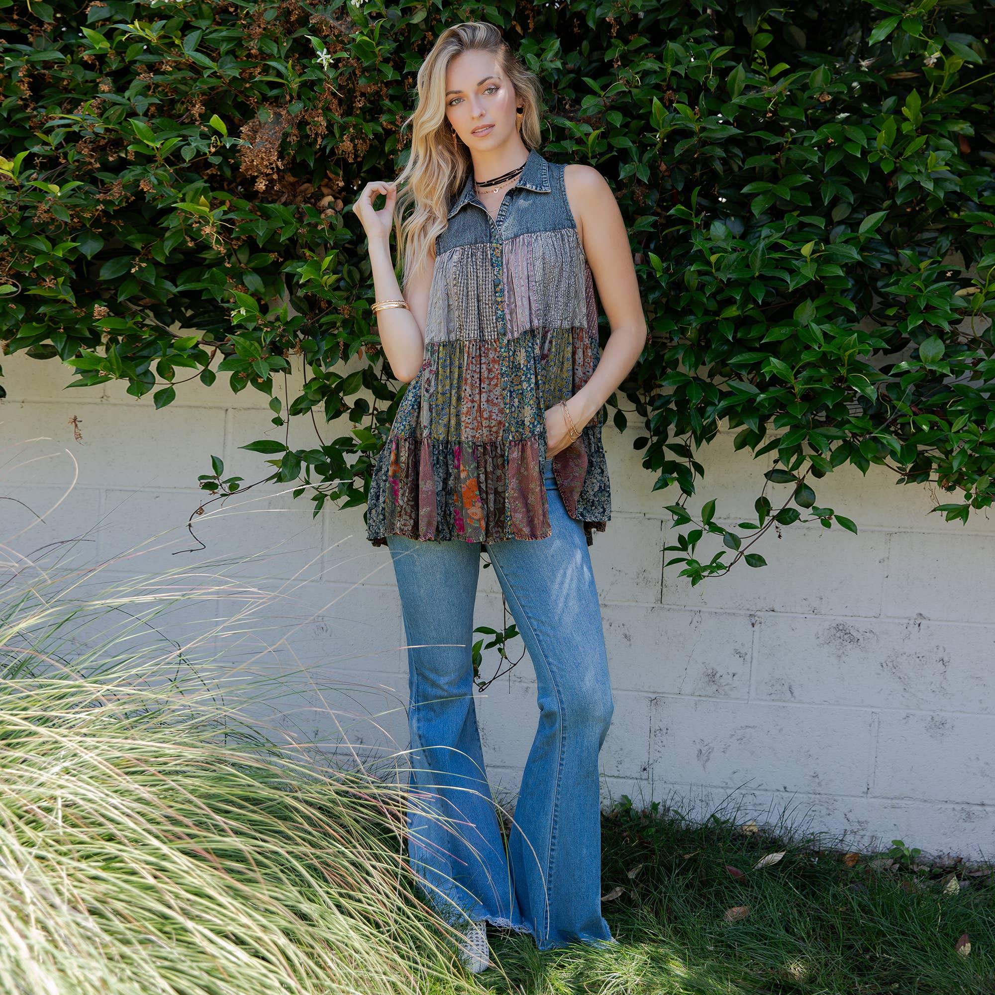 Young Threads - Wholesale Button Down Shirt - Women's - Boho Chic Nomad Patchwork Buttondown Top Sleevel (New Color)54