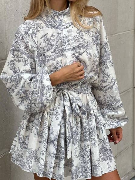 Oriental porcelain print balloon sleeve midi dress for wholesale by Rosa Clothing