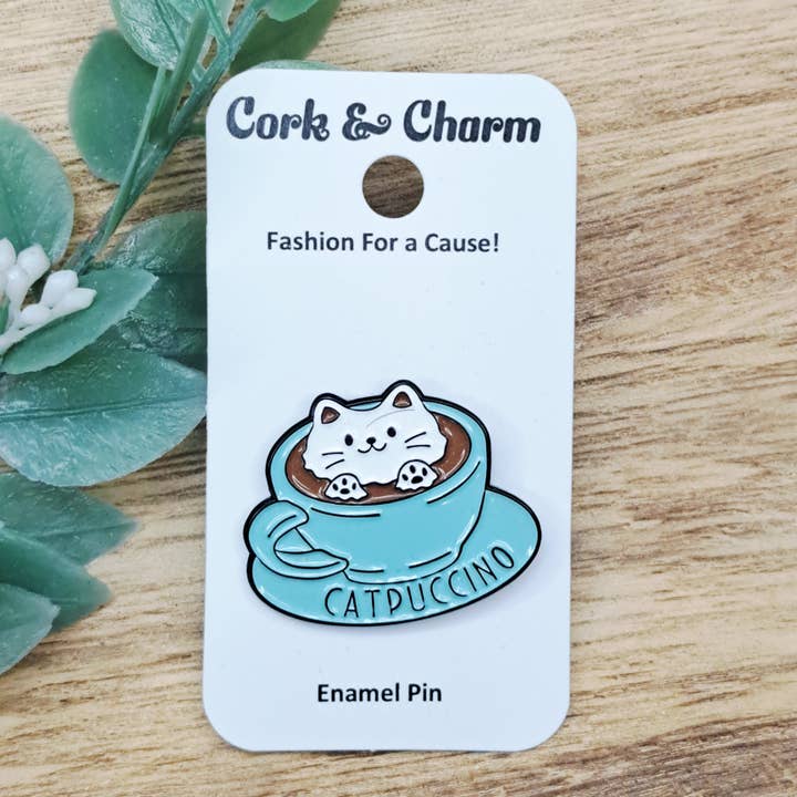 White Catpuccino Coffee Enamel Pin for wholesale by Cork and Charm