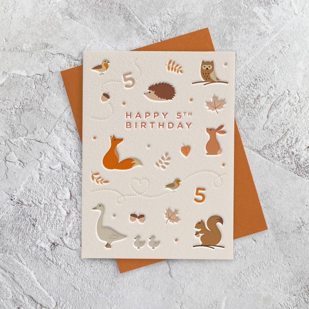 Heyyy Ltd – wholesale Birthday card – Age 5 Woodland Animals (Birthday) Letterpress Style Card0